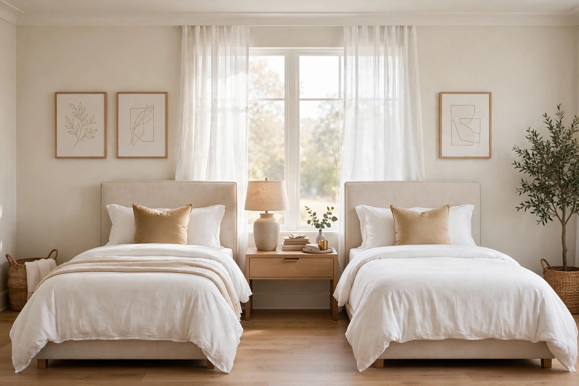 Furnished shared bedroom with two twin beds
